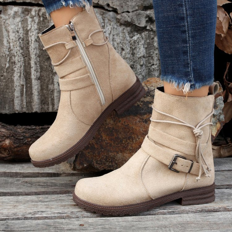 Anna – Runde Zehen Stiefel mit Schnalle und Seitlichem Reißverschluss