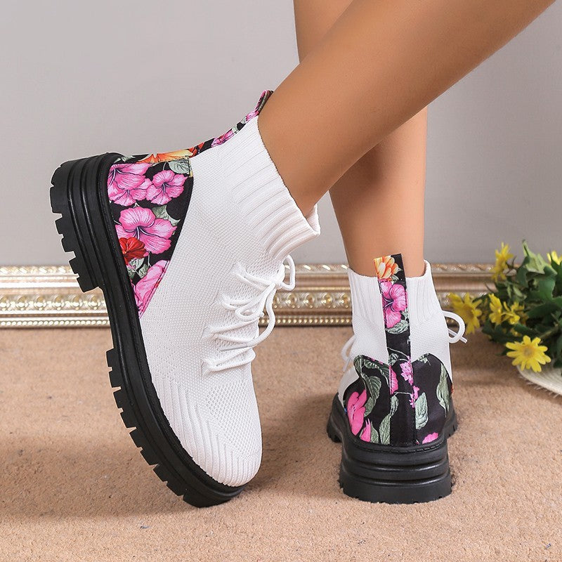 Tanya – Blumenmuster Stricksockenstiefel aus atmungsaktivem Mesh