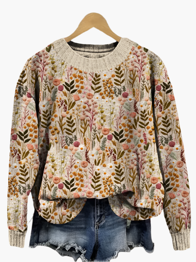 Damen Strickpullover mit floraler Stickerei – Lässiger Herbst-Winter Look, modisch & bequem