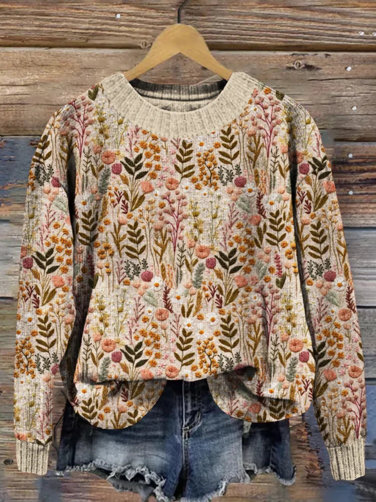 Damen Strickpullover mit floraler Stickerei – Lässiger Herbst-Winter Look, modisch & bequem