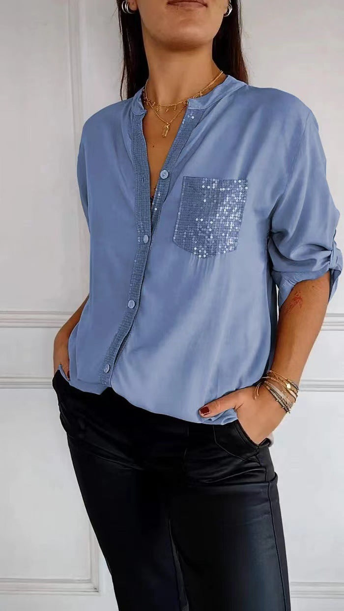 Ruth – Freizeit Bluse mit Pailletten Tasche Design