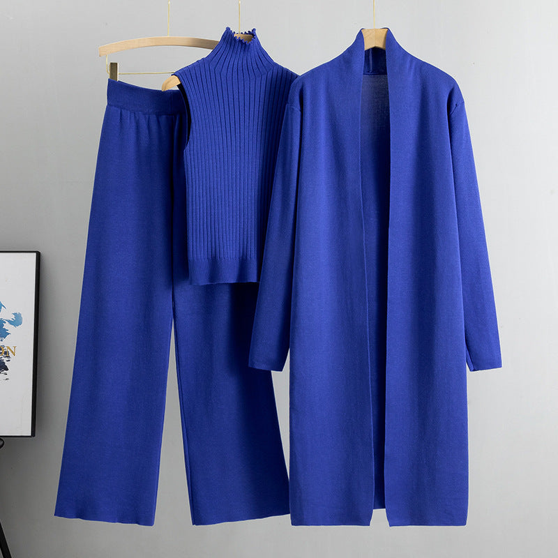 Linda – Strickmode Dreiteiliges Set mit Weste, Cardigan und Weithosen