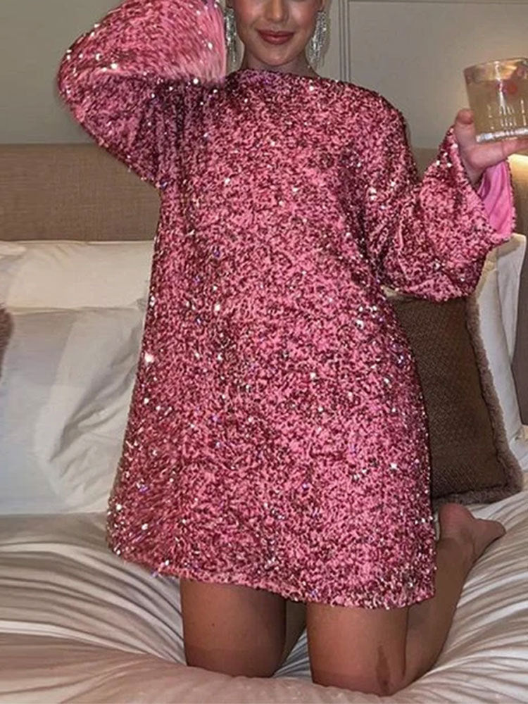 Barbara – Pailletten-Kleid mit Rückenschleife und Rundhalsausschnitt