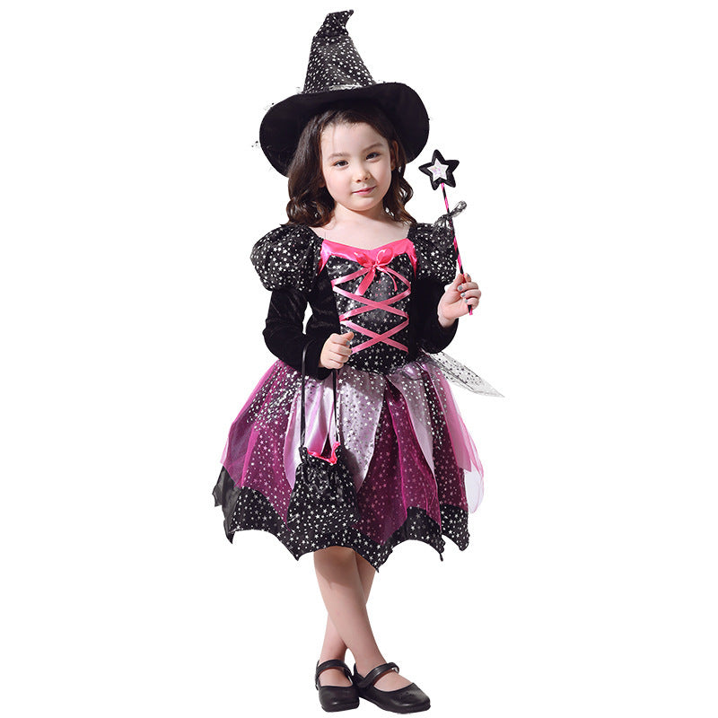Mädchen Halloween Hexenkostüm Set mit Kleid, Hut, Zauberstab und Tasche für Kostümpartys