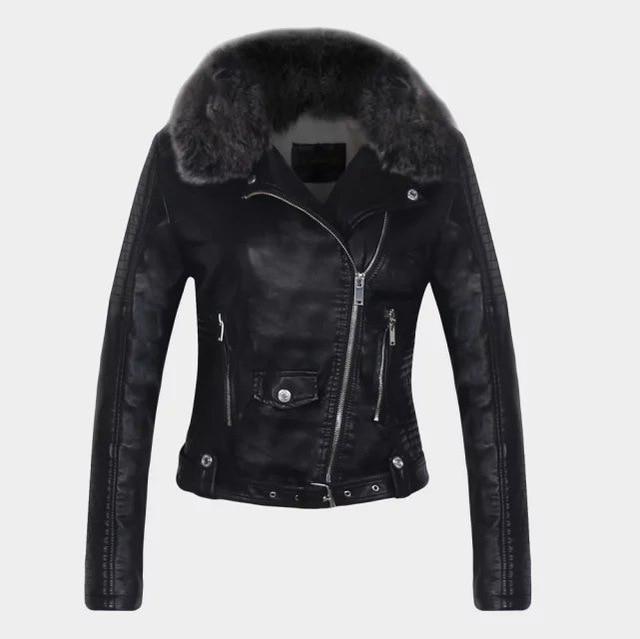Phoebe – Abnehmbare Kunstpelzkragenjacke aus Kunstleder