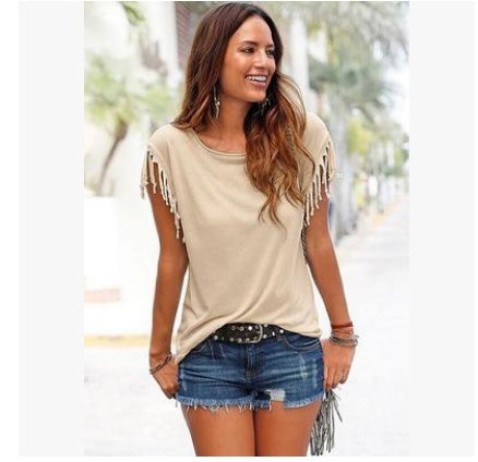 Amy – Damen-T-Shirt mit Rundhals und Quasten