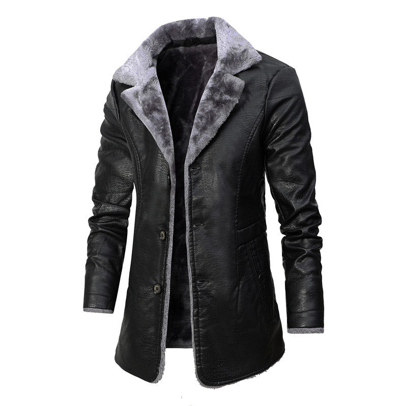Philip – Langer Herrenmantel aus veganem Leder mit Fleecefutter