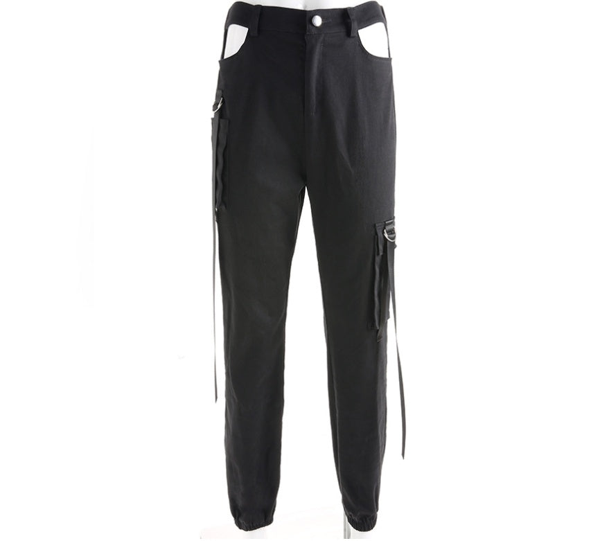 Lucy – Schwarze Damen-Cargohose mit hohem Bund und Patchwork