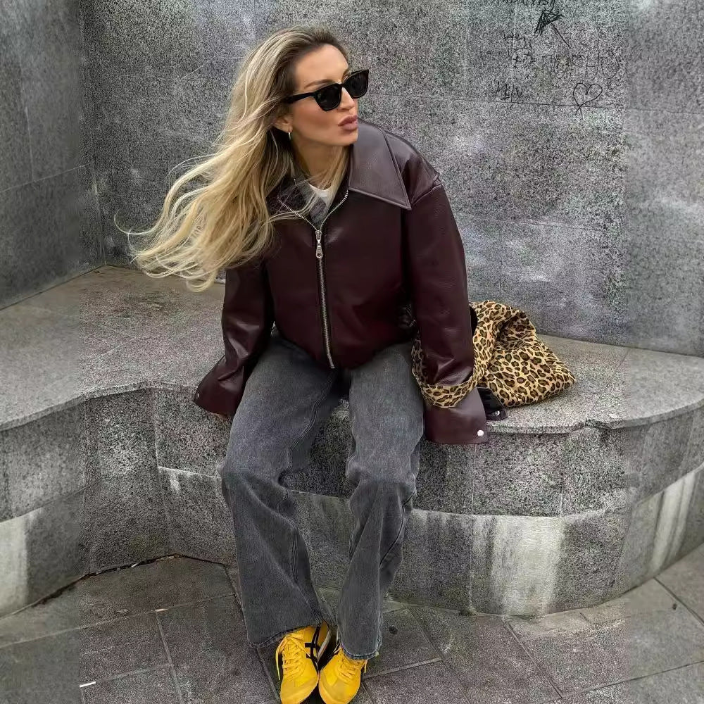 Sarah – Lederjacke mit Reißverschluss und Langarm