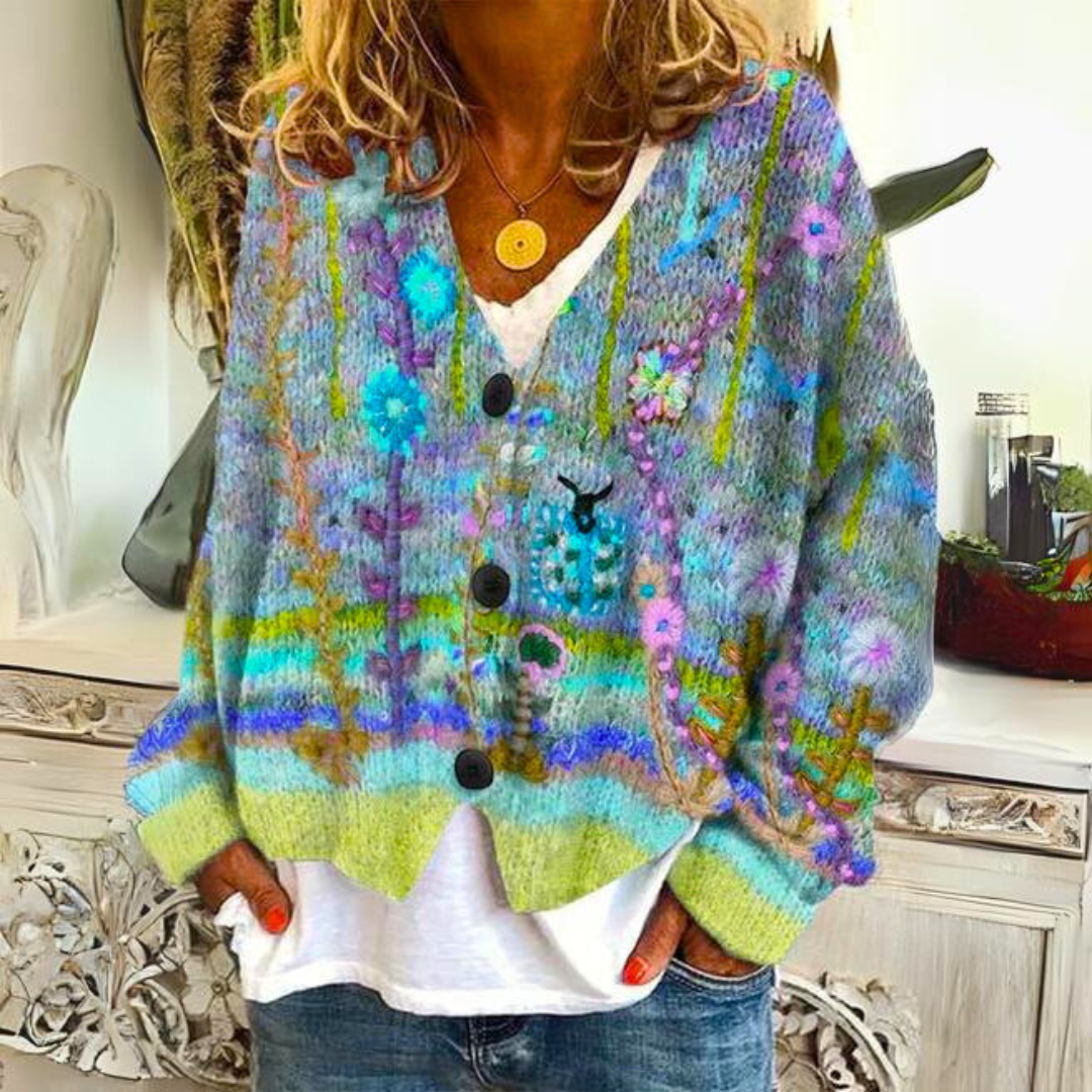 Damen Strickjacke im Boho-Stil – Gemütlicher Cardigan mit farbenfrohen Blumenmuster für Freizeit und Alltag