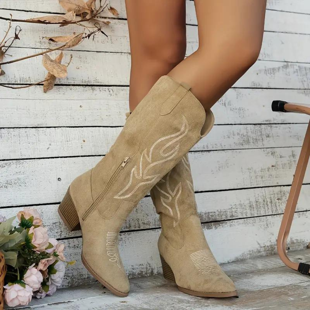 Damen Kniehohe Cowboystiefel Westernstil mit Absatz und Reißverschluss – Vintage Modetrend