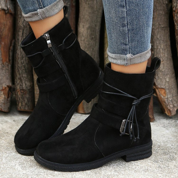 Anna – Runde Zehen Stiefel mit Schnalle und Seitlichem Reißverschluss