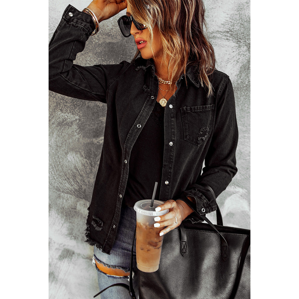 Ruby – Schwarze Ripped Denim-Jacke mit langen Ärmeln