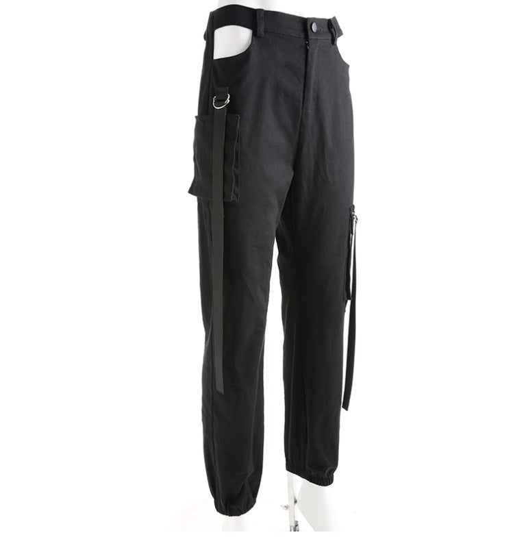 Lucy – Schwarze Damen-Cargohose mit hohem Bund und Patchwork