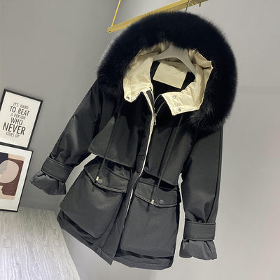 Melanie – Damen Wintermantel mit Kapuze und Kunstpelzkragen