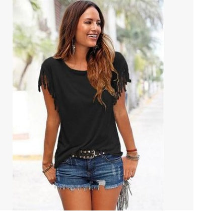 Amy – Damen-T-Shirt mit Rundhals und Quasten
