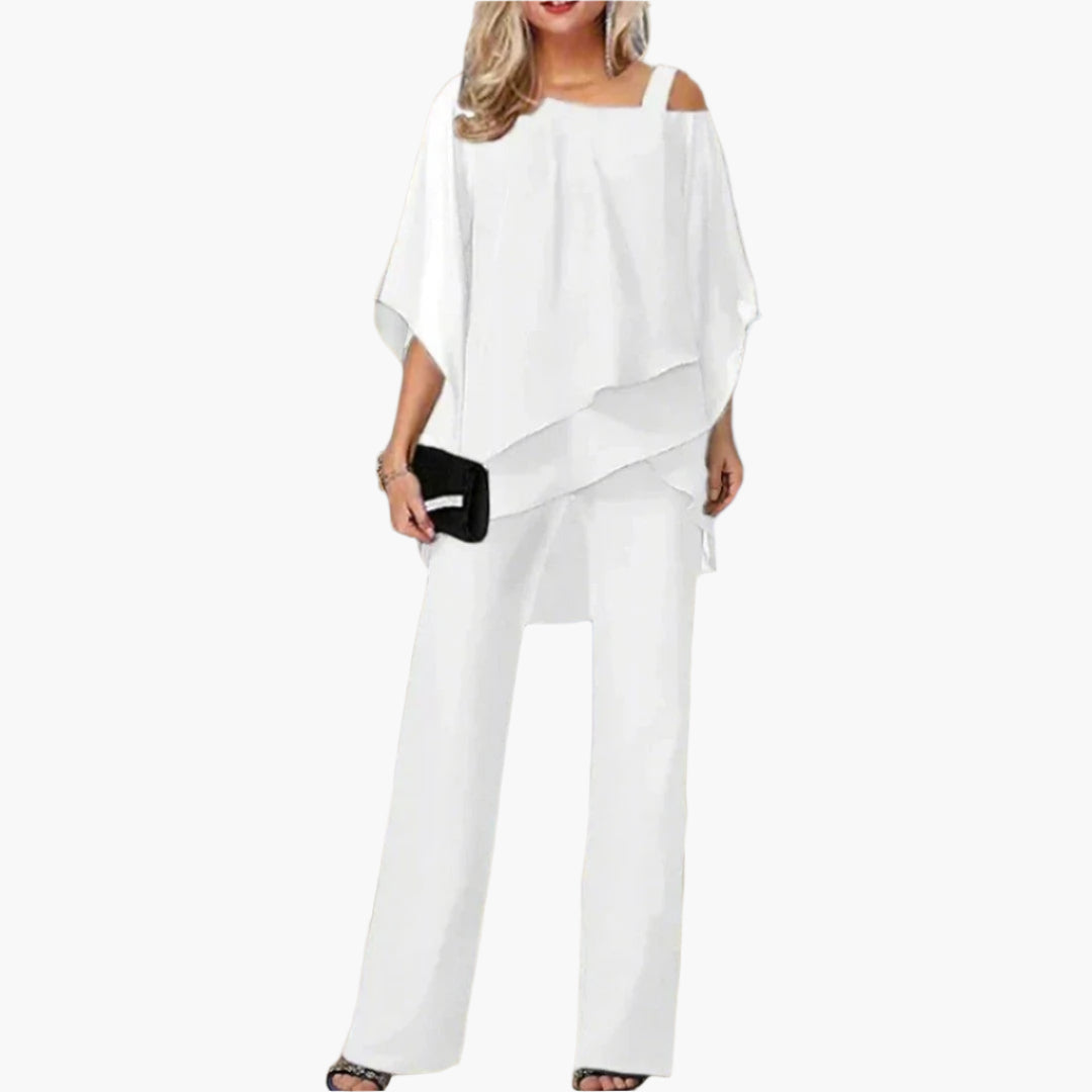 Damen Elegantes 2-teiliges Chiffon Set mit Schulterfreiem Oberteil und Weiten Hosen – Perfekt für Feste und Besondere Anlässe
