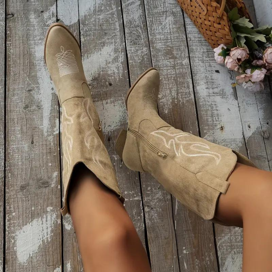 Damen Kniehohe Cowboystiefel Westernstil mit Absatz und Reißverschluss – Vintage Modetrend