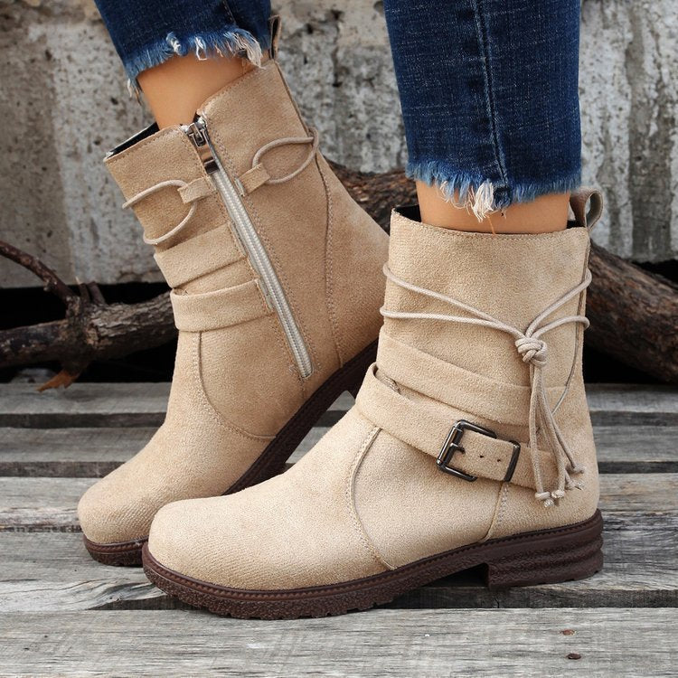 Anna – Runde Zehen Stiefel mit Schnalle und Seitlichem Reißverschluss
