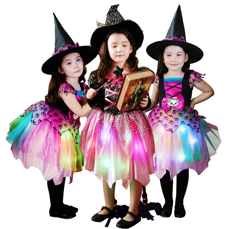 Mädchen Halloween Hexenkostüm Set mit Kleid, Hut, Zauberstab und Tasche für Kostümpartys