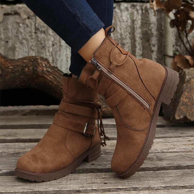 Anna – Runde Zehen Stiefel mit Schnalle und Seitlichem Reißverschluss