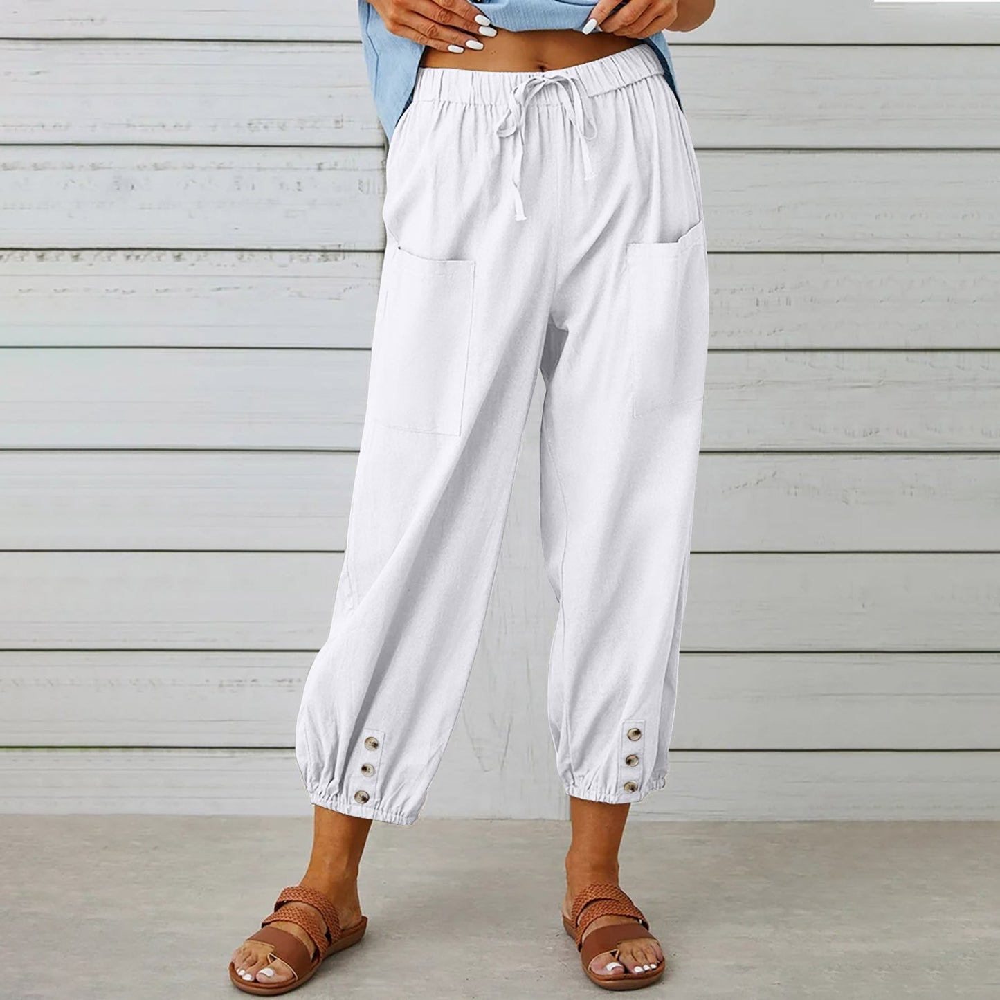 Michelle – Damen Baumwoll-Leinenhose mit Kordelzug und Taschen