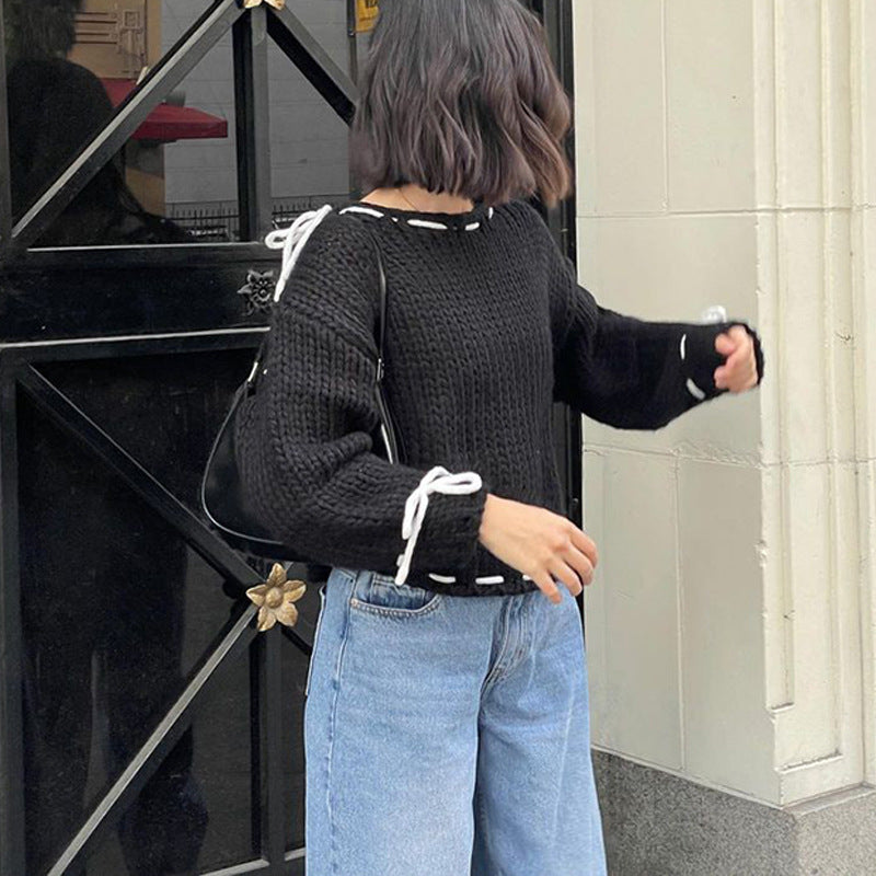 Katy – Y2K Pullover mit Schleife und langen Ärmeln