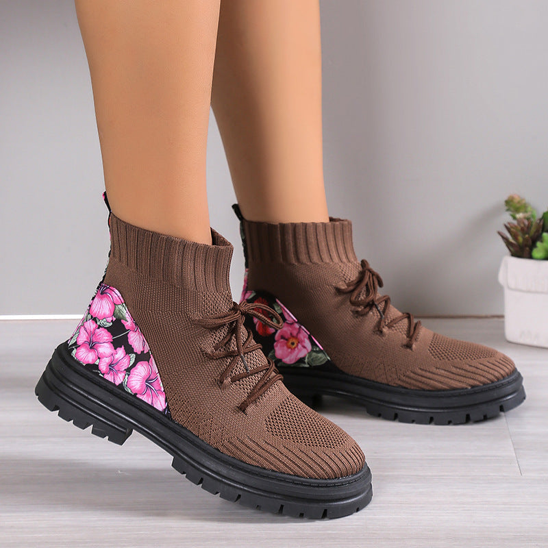 Tanya – Blumenmuster Stricksockenstiefel aus atmungsaktivem Mesh