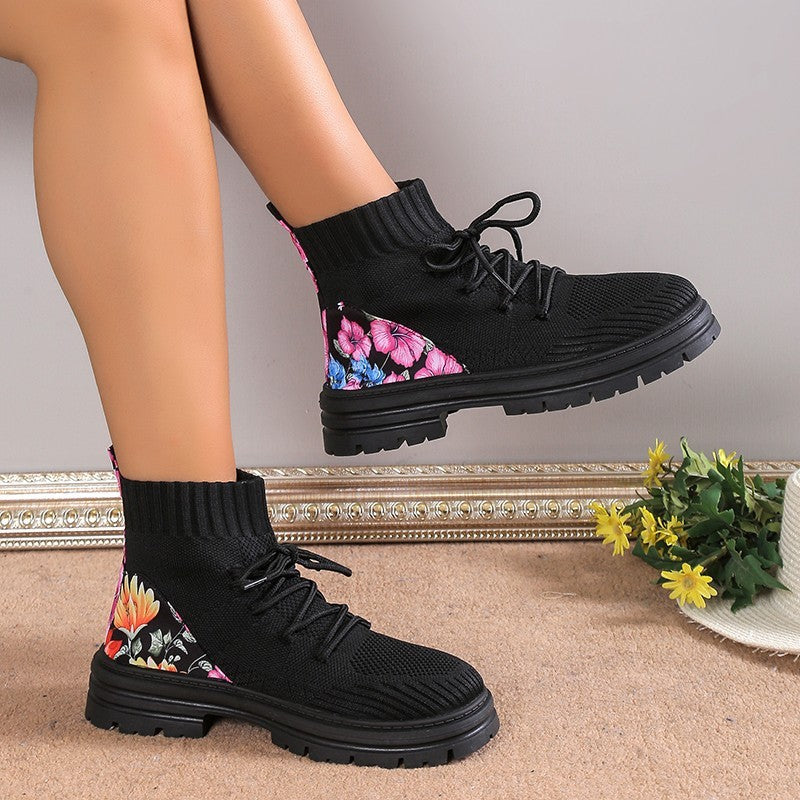 Tanya – Blumenmuster Stricksockenstiefel aus atmungsaktivem Mesh