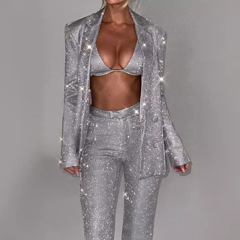 Linda – Glänzendes Damenanzug-Set mit Blazer und geraden Hosen
