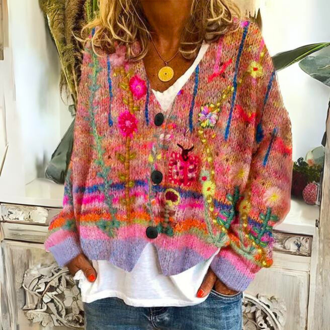Damen Strickjacke im Boho-Stil – Gemütlicher Cardigan mit farbenfrohen Blumenmuster für Freizeit und Alltag