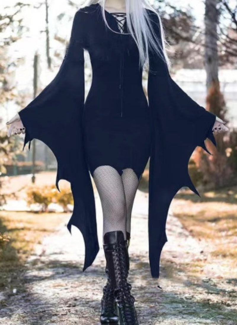 Halloween Damen Kostüm Kleid – Gothic Hexen Kleid mit Fledermausärmeln für Halloween Party & Cosplay