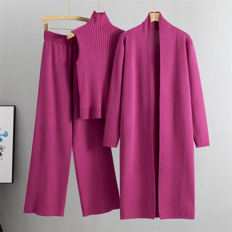Linda – Strickmode Dreiteiliges Set mit Weste, Cardigan und Weithosen