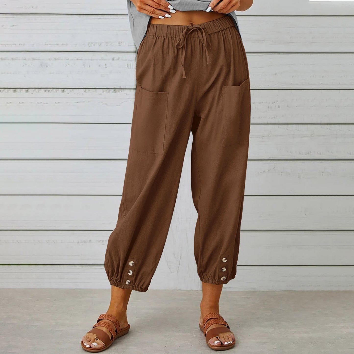 Michelle – Damen Baumwoll-Leinenhose mit Kordelzug und Taschen