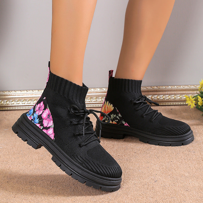 Tanya – Blumenmuster Stricksockenstiefel aus atmungsaktivem Mesh