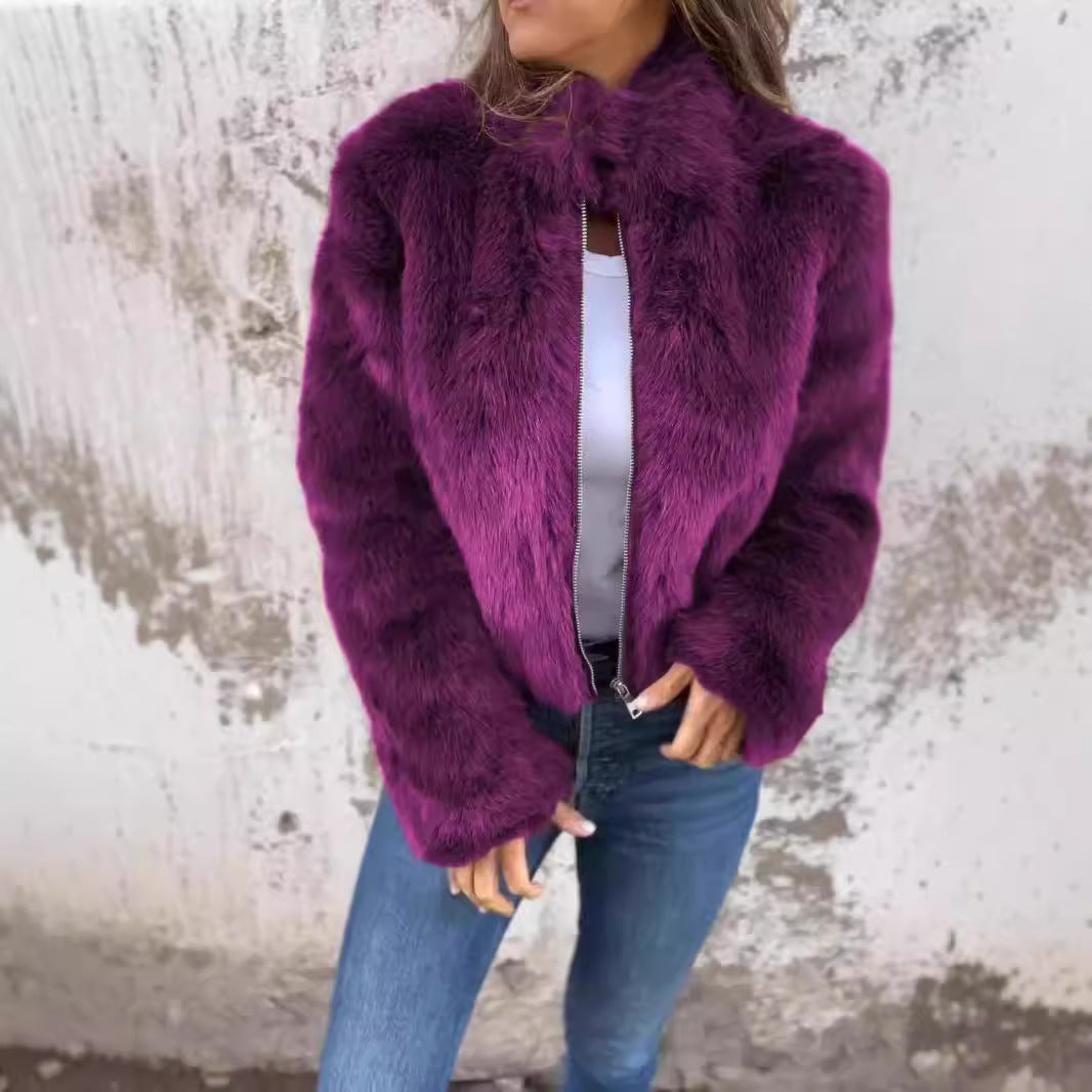 Gillian – Modischer Plüschkragen Winterjacke mit Reißverschluss