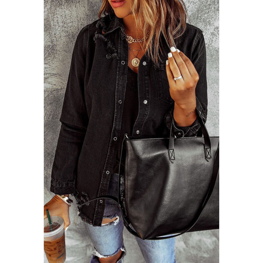 Ruby – Schwarze Ripped Denim-Jacke mit langen Ärmeln