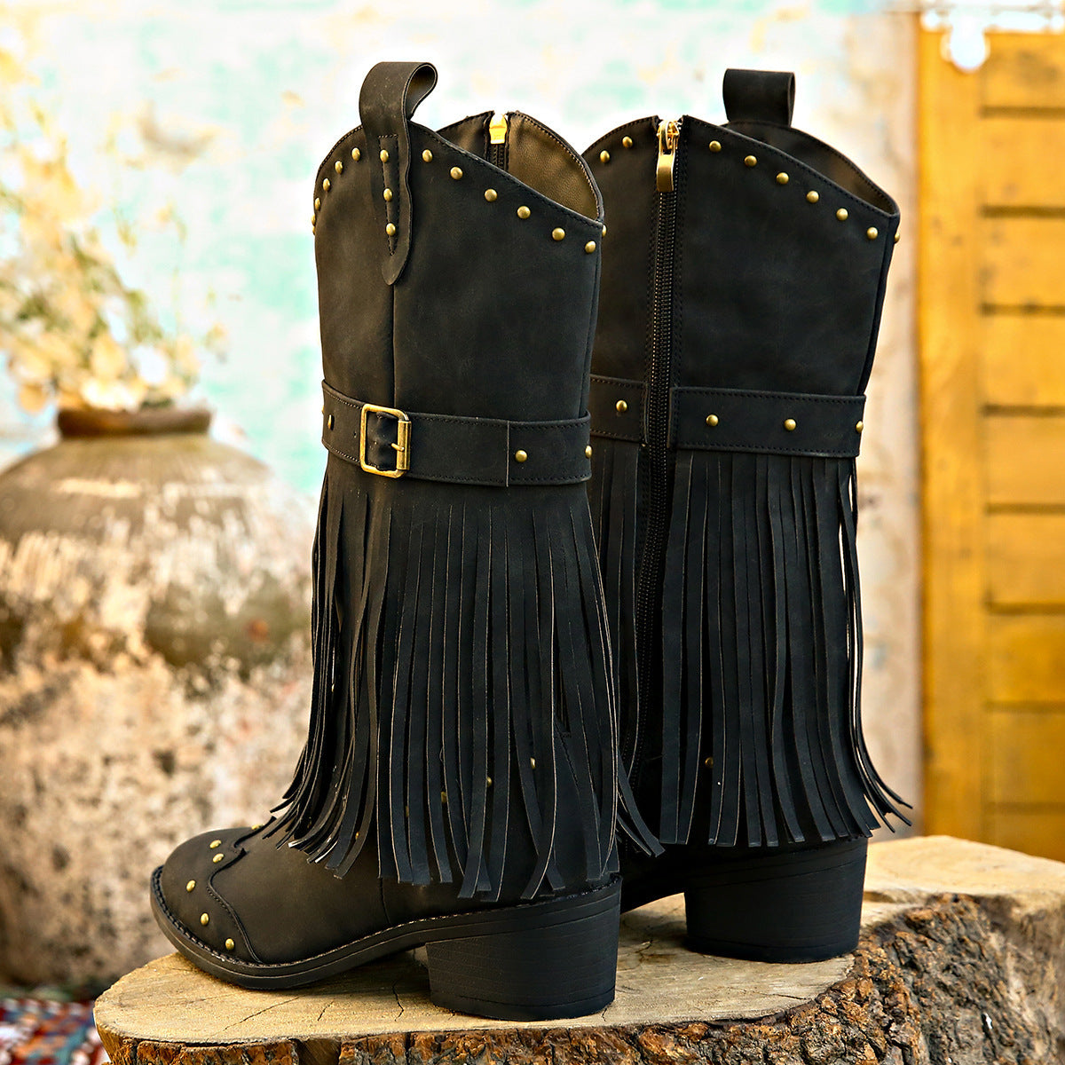 Rebecca – Retro Stiefel mit Quasten und Nieten