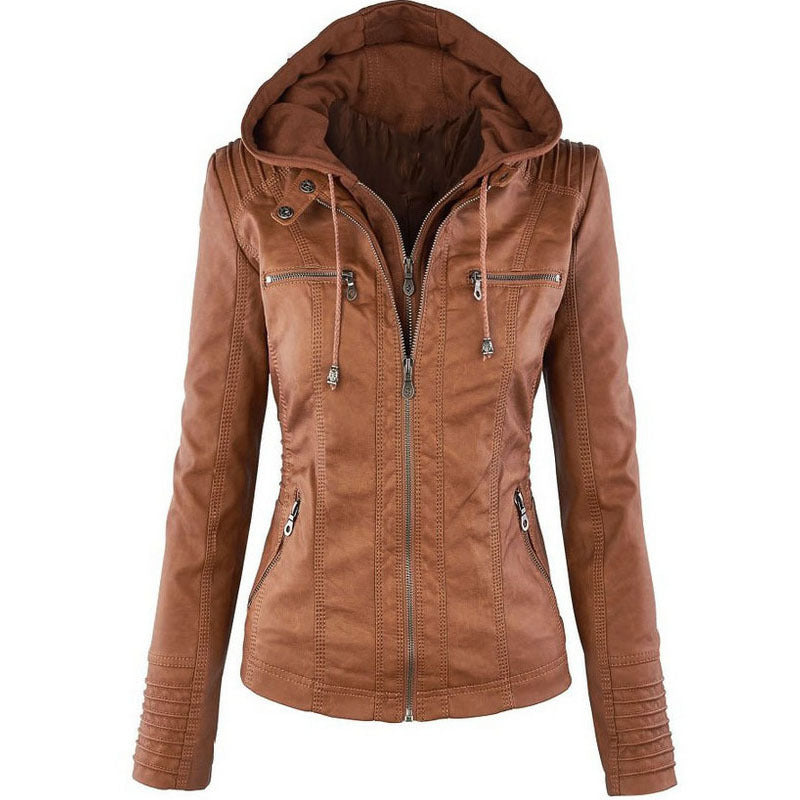 Lucy – Lederjacke mit Abnehmbarer Kapuze und Taschen
