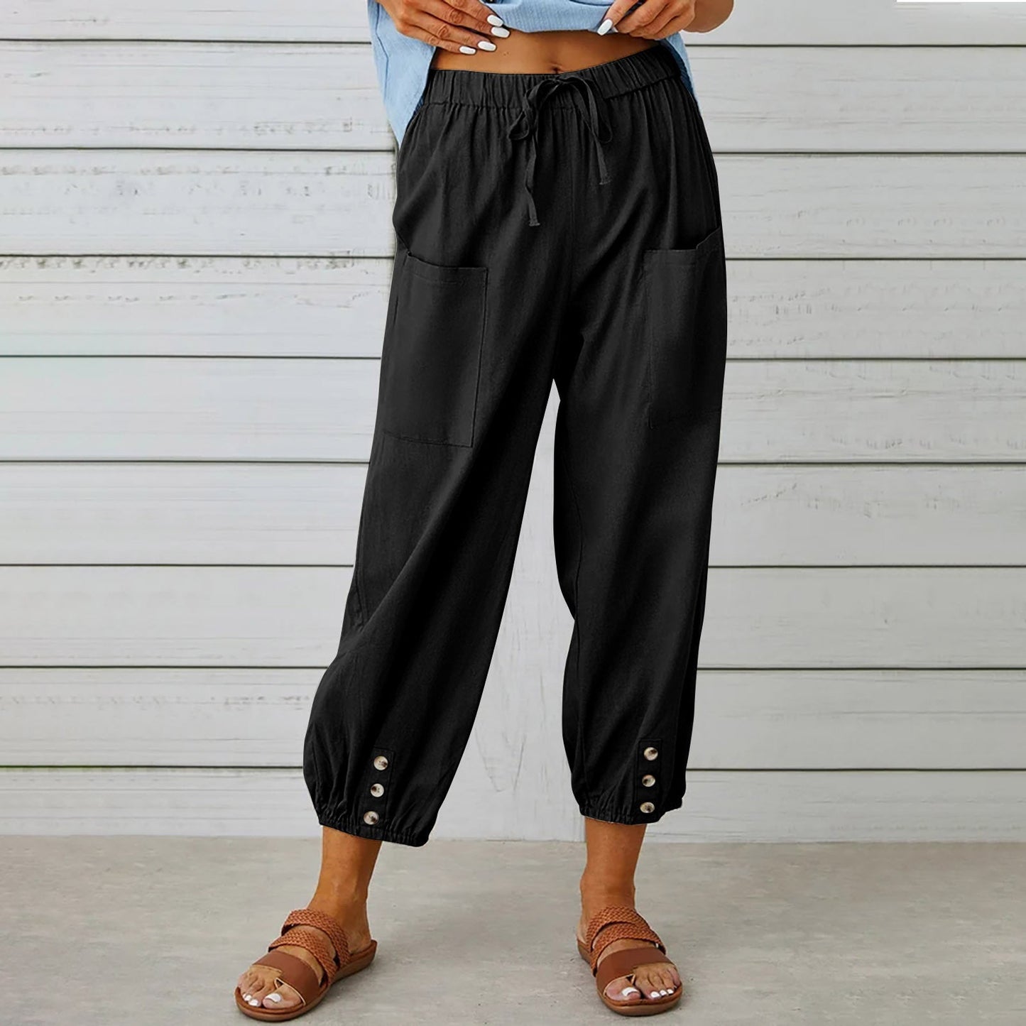 Michelle – Damen Baumwoll-Leinenhose mit Kordelzug und Taschen