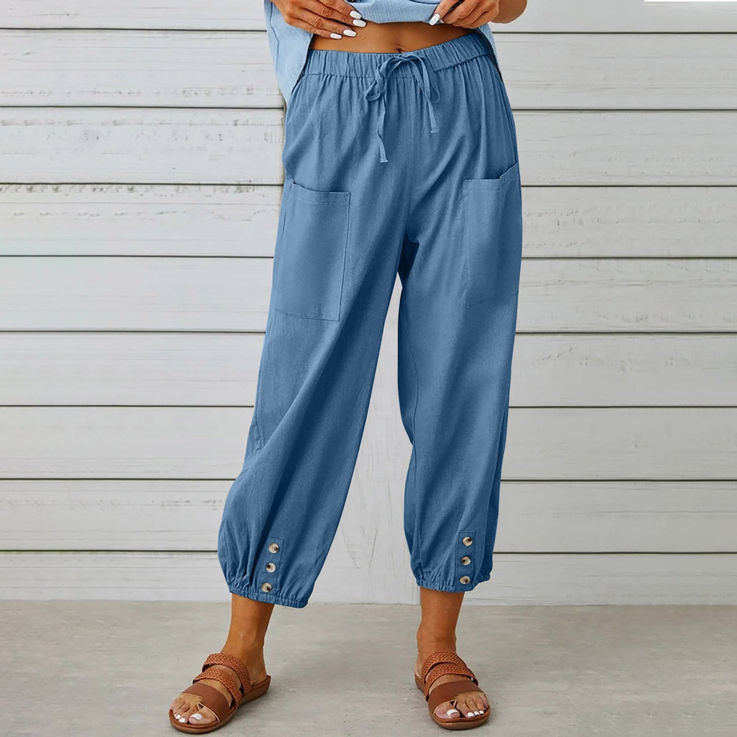 Michelle – Damen Baumwoll-Leinenhose mit Kordelzug und Taschen