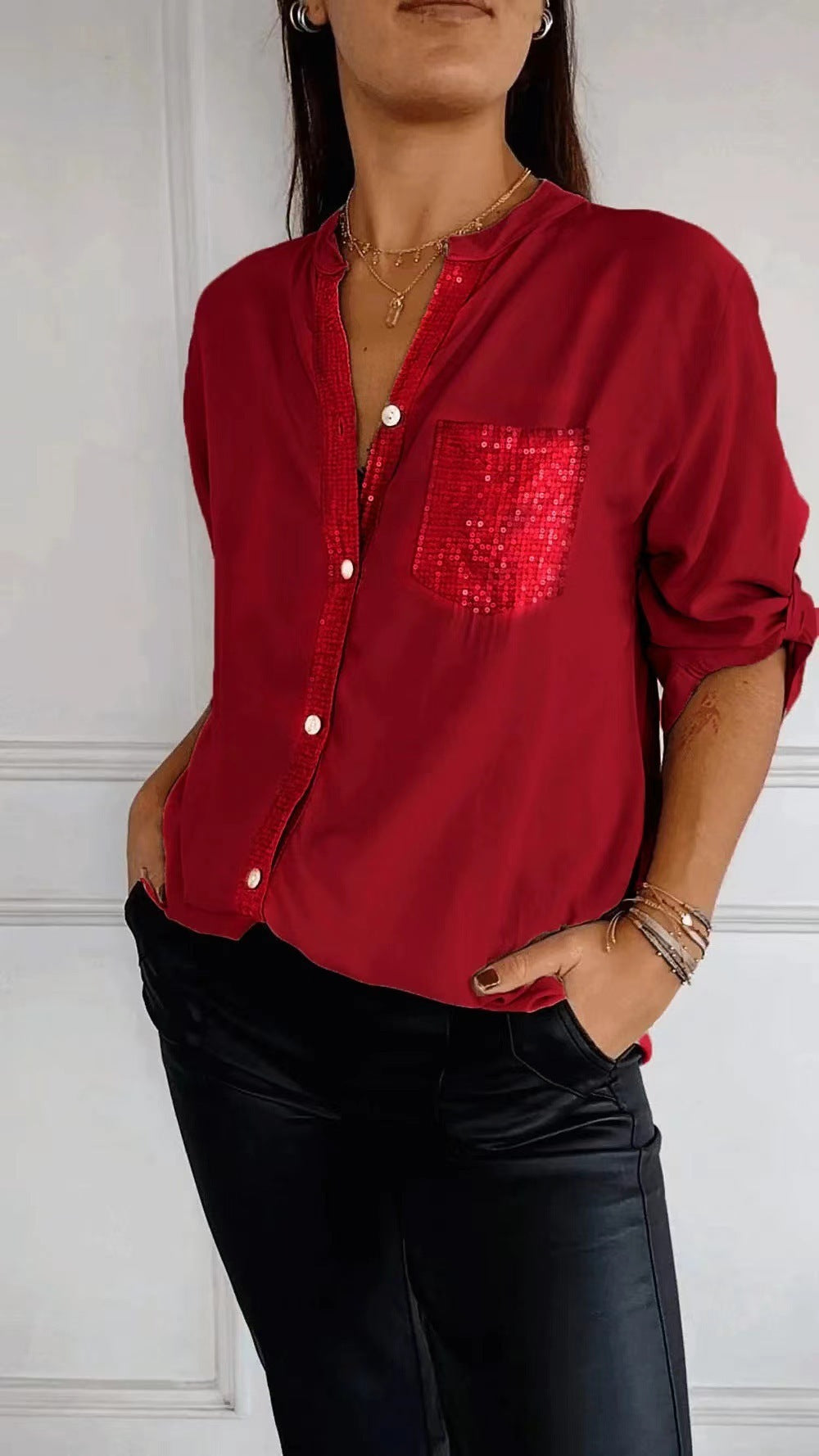 Ruth – Freizeit Bluse mit Pailletten Tasche Design