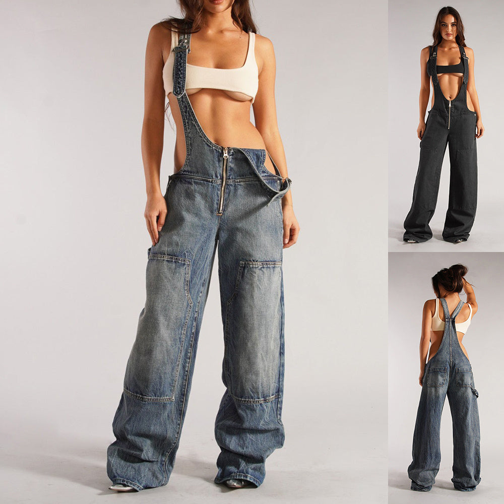 Karen – Weite Damen-Jeans-Latzhose mit Taschen