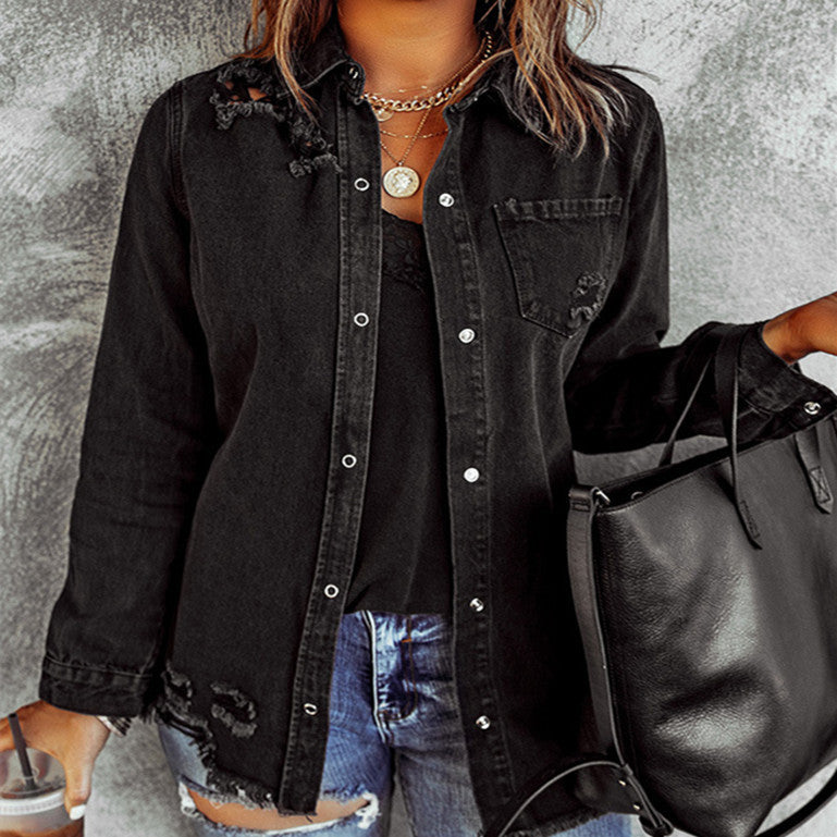 Ruby – Schwarze Ripped Denim-Jacke mit langen Ärmeln