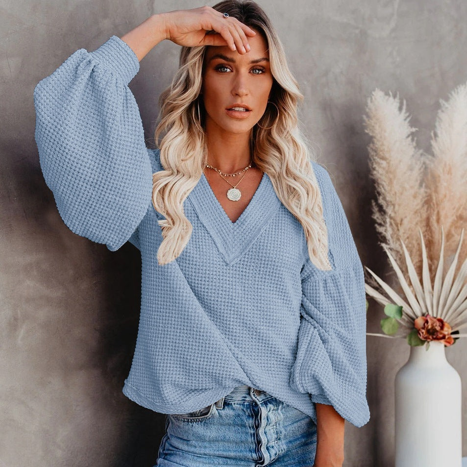 Lauren – Weites V-Ausschnitt T-Shirt mit Laternenärmeln