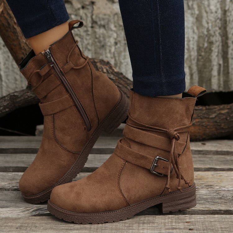 Anna – Runde Zehen Stiefel mit Schnalle und Seitlichem Reißverschluss