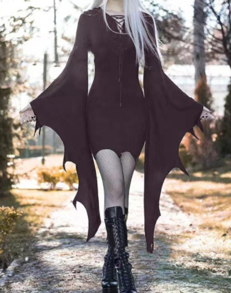 Halloween Damen Kostüm Kleid – Gothic Hexen Kleid mit Fledermausärmeln für Halloween Party & Cosplay