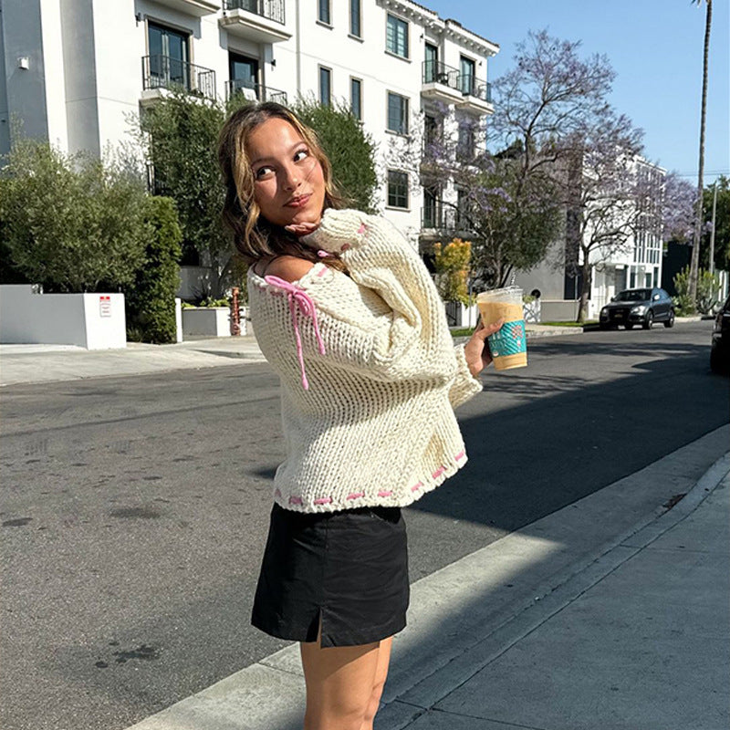Katy – Y2K Pullover mit Schleife und langen Ärmeln