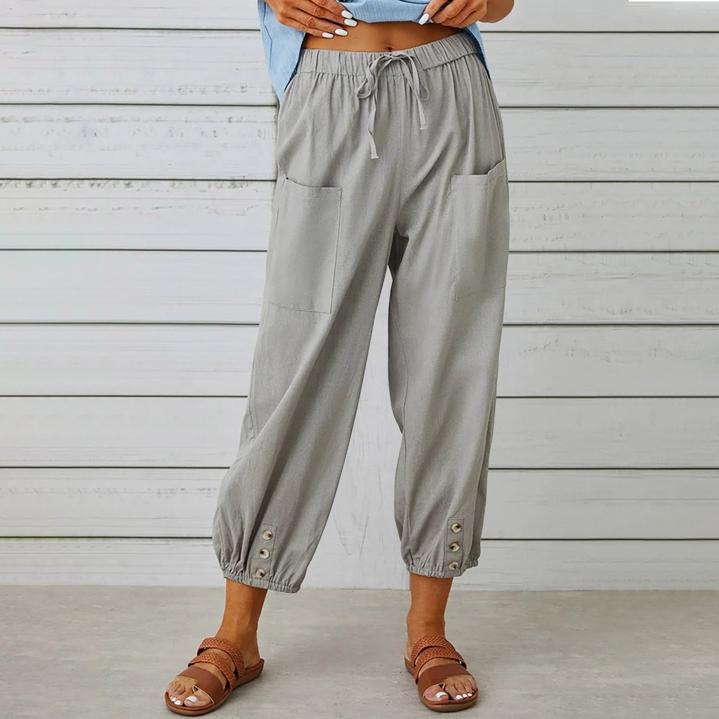 Michelle – Damen Baumwoll-Leinenhose mit Kordelzug und Taschen