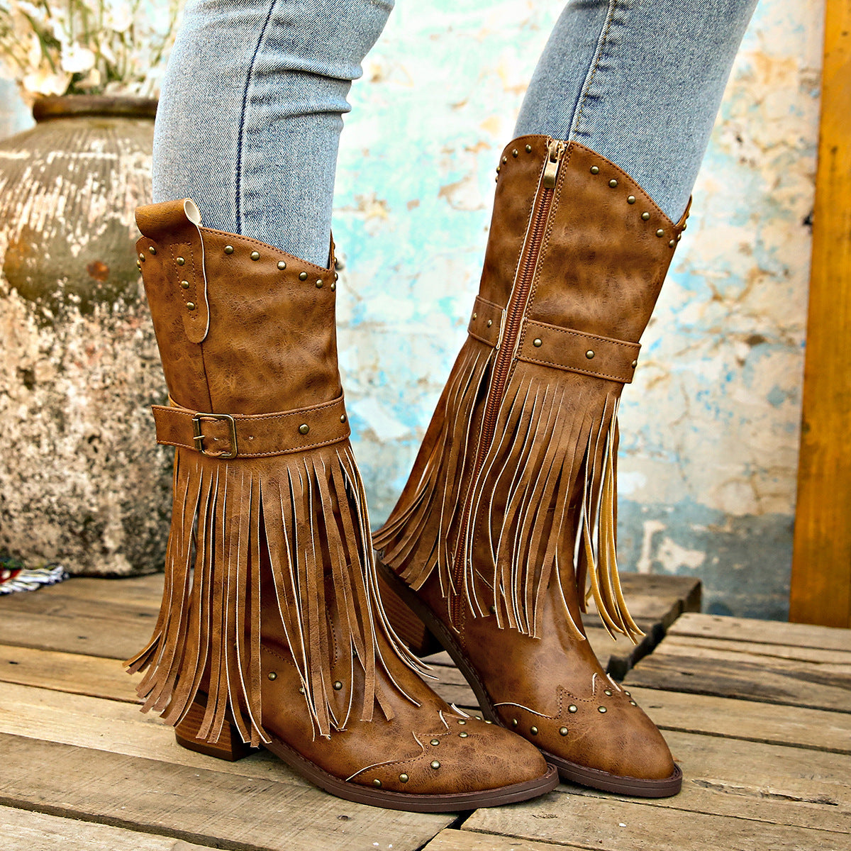 Rebecca – Retro Stiefel mit Quasten und Nieten